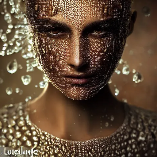 Image similar to full shot of a regal brown woman wearing an intricate and detailed armor made of thousands of dew drops. refracted light. reflections. morning dew.. delicate. translucent. no makeup!! haunting eyes. vulnerable. fragile. ethereal. refracted light. by louise dahl - wolfe. by michal karcz. octane render