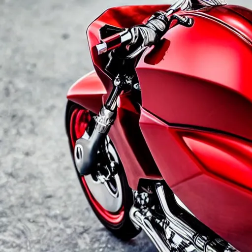 Image similar to photo of a woman that can transform into a motorcycle. detailed. red. beauty.