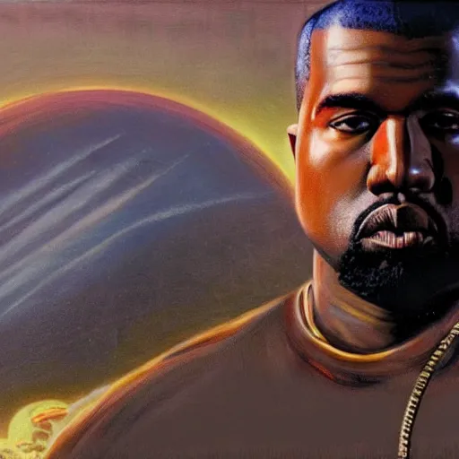 Prompt: ultra realistic portrait painting of kanye west as a retro - futuristic astronaut, art by frank frazetta, 4 k, ultra realistic, highly detailed, epic lighting