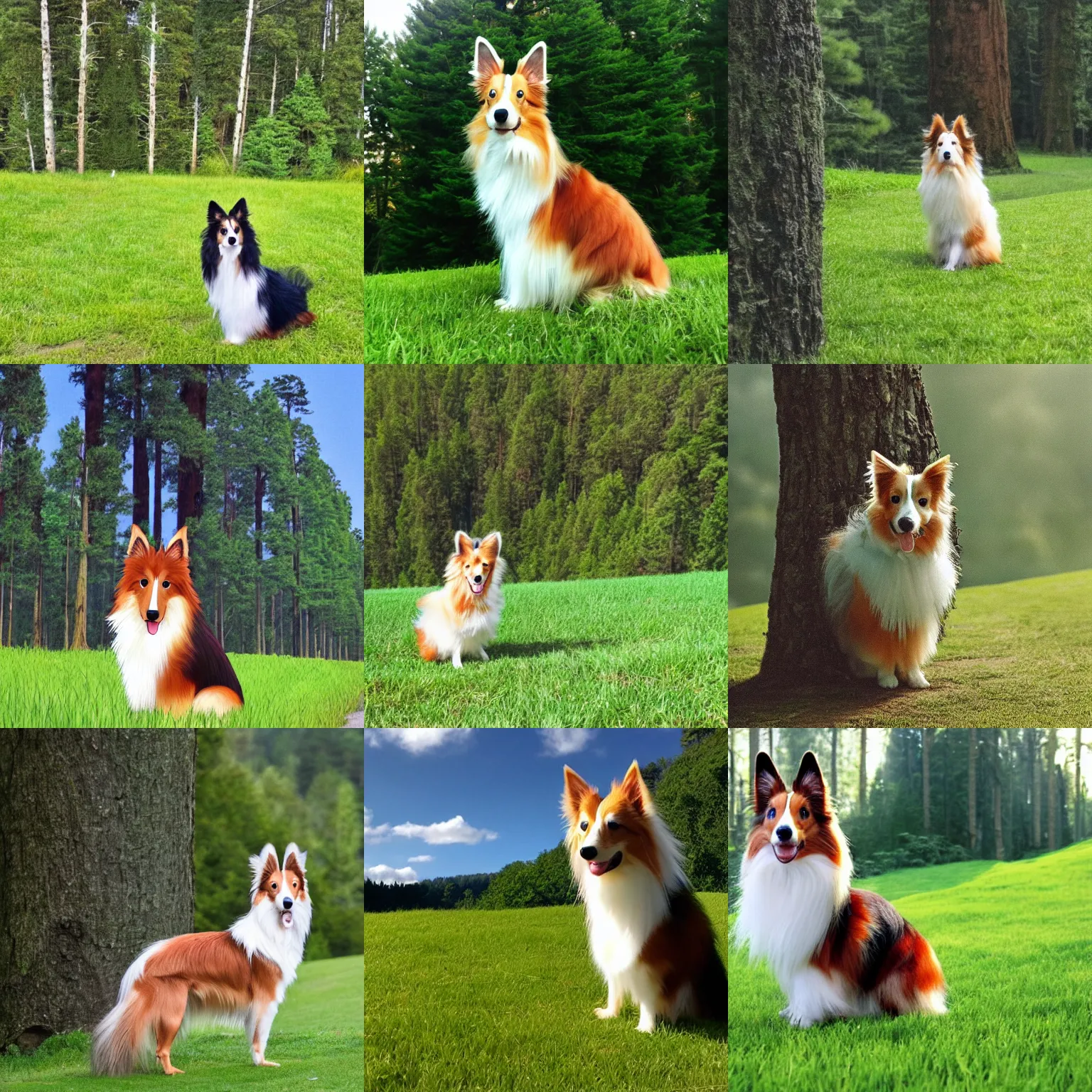 Prompt: a sheltie in a ghibli movie, tall trees, green grass, puffy clouds