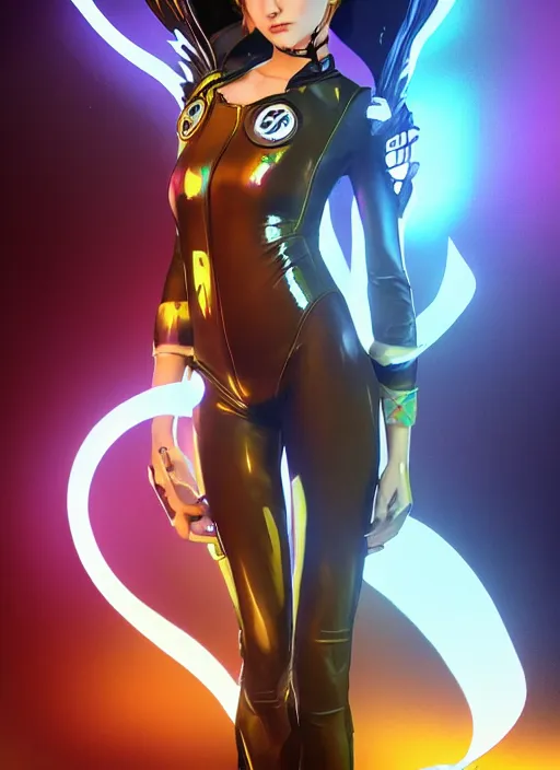Image similar to portrait digital artwork of tracer overwatch, wearing iridescent rainbow latex and leather straps catsuit outfit, in style of mark arian, angel wings, dramatic painting, wearing detailed leather collar, chains, black leather harness, detailed face and eyes,