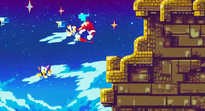 Image similar to Beauiful background design of a 2D Sonic game, Sonic: -1, video game art, pixel art, concept art, starry sky, 4k, dreamy and romantic, very detailed, trending on artstation