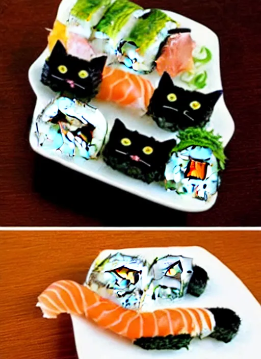 Image similar to clear photorealistic picture of adorable cats made out of sushi