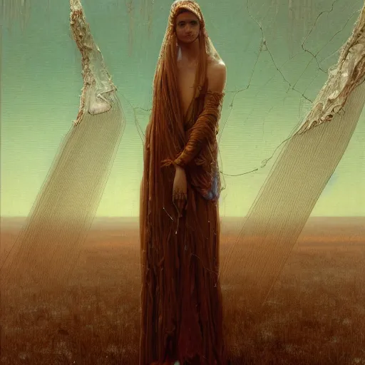 Image similar to portrait of a woman, covered in transparent cloth, plastic, thunder clouds, flat background, Masterpiece, glowing, wires everywhere, by Edgar Maxence and Ross Tran, Zdzisław Beksiński, and Michael Whelan, distant, gustav dore, H.R. Giger, 8k, octane render