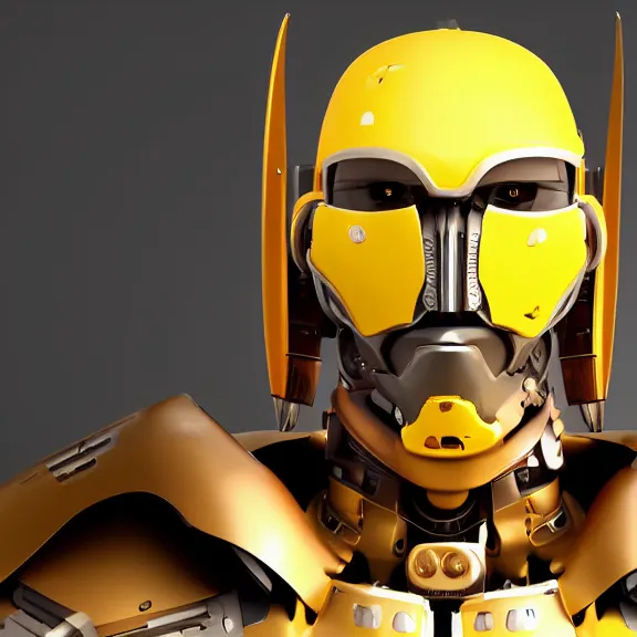Image similar to a portrait of a angry cybernetic robocop samurai demon character, yellow background, unreal engine, octane render, artstation, digital art.