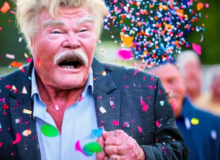 Image similar to photo still of rip taylor at a burial!!!!!!!! at age 5 4 years old 5 4 years of age!!!!!!! throwing confetti from a bucket, 8 k, 8 5 mm f 1. 8, studio lighting, rim light, right side key light