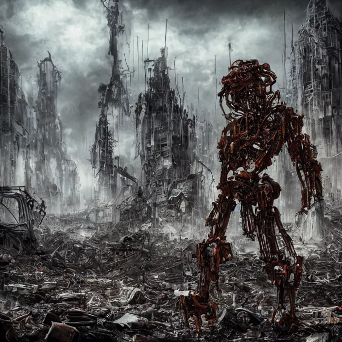 Image similar to gritty humanoid apocalyptic cyborg standing amongst destroyed machinery, hyper - detailed, sharp focus, 4 k ultra hd, fantasy dark art, apocalyptic art