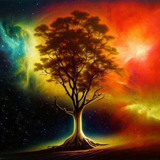 Prompt: a tree floating inside of a nebula, david a. hardy