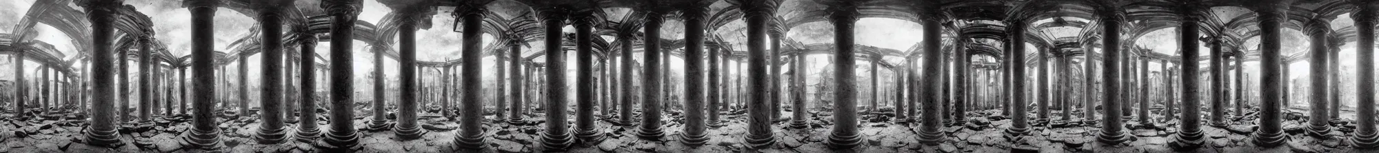 Prompt: photo of an immersive forgotten panopticon well, with columns and destroyed cybernetics from an ancient civilization, photorealistic, higly detailed dark, 3 6 0 picture, panorama, 3 5 mm slide, trending on flickr, in the style of francesca woodman, zachary corzine, zhelong xu, greg rutkowski and anders zorn