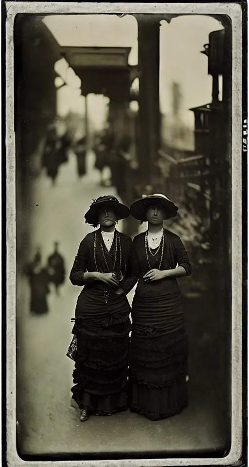 Image similar to wet plate photograph, fashionable ladies on the streets of San Francisco, 1908