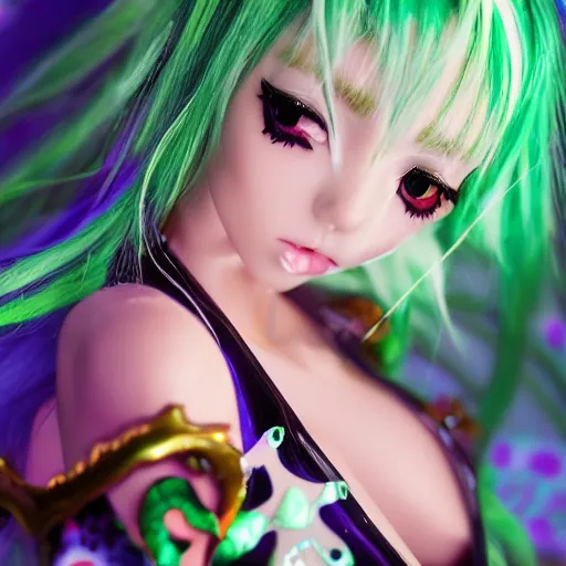 Image similar to hyper kawaii anime elf pvc, goddess garbs, ascending to heaven, somber portraits, pursed lips, green eyes, bokeh background