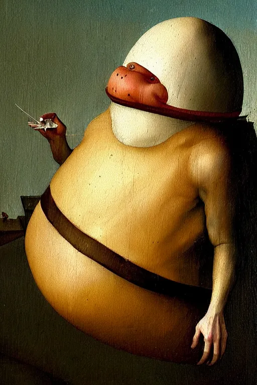 Image similar to hieronymus bosch and greg rutkowski, oil painting of short fat humpty dumpty