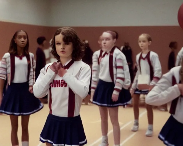 Image similar to eleven from stranger things dressed as a middle school cheerleader, practicing with the squad, cdx