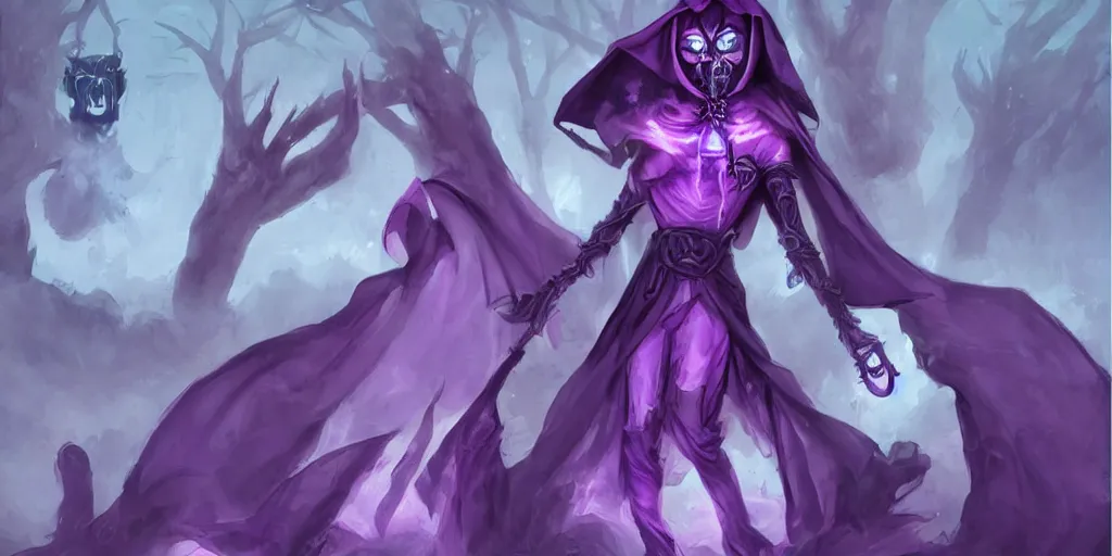 Prompt: cute purple cloaked lich summoning, illustration by Brom:5, cute:2, lich:-1