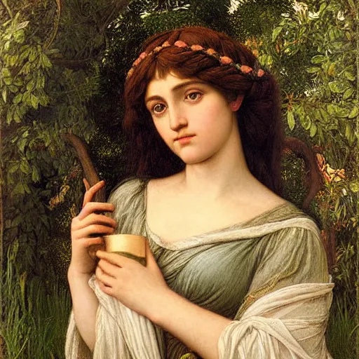 Prompt: Portrait of a Beautiful Pre-Raphaelite goddess of nature in the style of John William Godward,