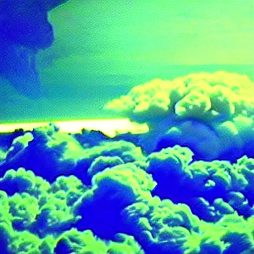 Image similar to combat drone strike war footage, ir, chromatic aberration!!!!!!!!!!!, broken camera colors, iridescent!!!!!!!!! saturated infrared camera, very high contrast, nuclear cloud, high angle vertical, inversed color, clouds, jpeg compression