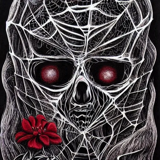 Prompt: demonic charcoal drawing of webs in a red flower by jeremiah ketner | horror themed | creepy