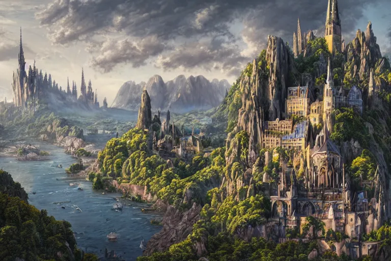 Image similar to an ultra detailed matte landscape painting of an german gothic capital city built into the side of a mountain with many tall spirally towers, sweeping vista, tiny coastal fishing village very far away, ultrawide lens, aerial photography, 8 k, volumetric lighting, smooth, highly detailed, digital illustration, art by greg rutkowski and akira toriyama and artgerm