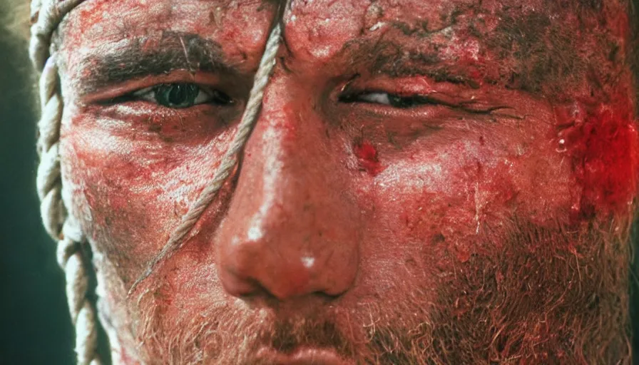 Image similar to 1 9 7 0 s movie still close - up of marcus atilius regulus'face tied with ropes at a pole with stiched forced - open eyes looking at the burning sun, eyes blood, cinestill 8 0 0 t 3 5 mm, high quality, heavy grain, high detail, texture, dramatic light, anamorphic, hyperrealistic, detailed hair