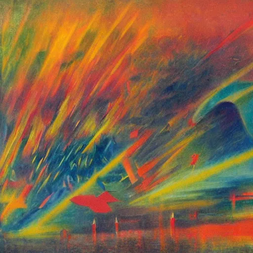 Image similar to ghostly, calm rainbow by c. r. w. nevinson, by jean - paul riopelle. a beautiful conceptual art of a space battle with wild, bright colors.