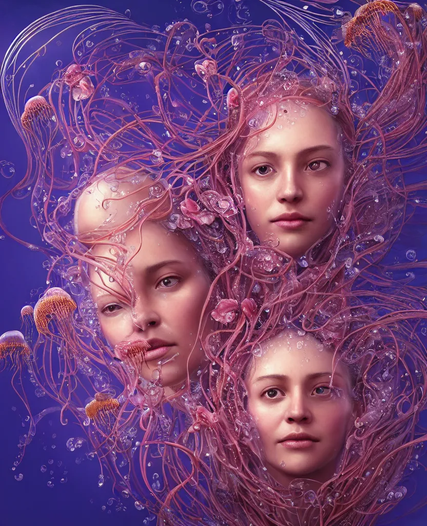 Image similar to close-up portrait of the face of a beautiful princess, surrounded by intricate twisted flowers orchid jellyfish and energy flow, water and plasma flow splashes, epic angle and pose, symmetrical artwork, 3d with depth of field, blurred background, floating jellyfish skull phoenix bird, translucent, nautilus, energy flows of water and fire. a highly detailed epic cinematic concept art CG render. made in Maya, Blender and Photoshop, octane render, excellent composition, cinematic dystopian brutalist atmosphere, dynamic dramatic cinematic lighting, aesthetic, very inspirational, arthouse. y Greg Rutkowski, Ilya Kuvshinov, WLOP, Stanley Artgerm Lau, Ruan Jia and Fenghua Zhong