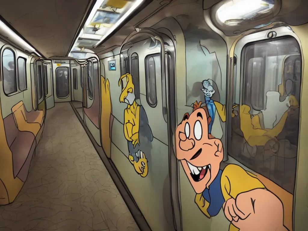 Image similar to a flat shaded cartoon character in a photo real subway car