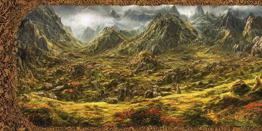 Image similar to a beautiful middle earth landscape by barbara remington