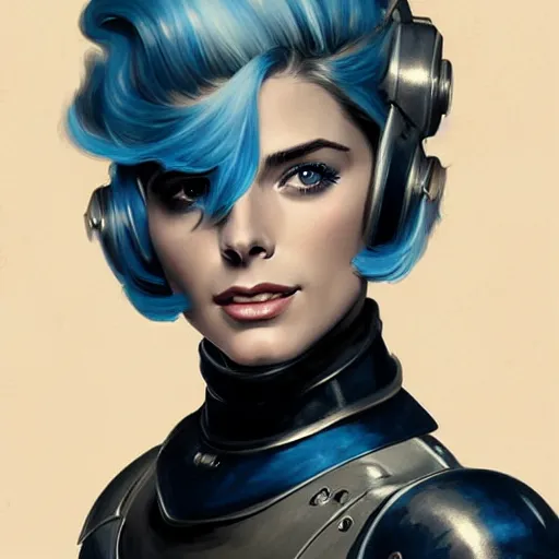 Image similar to Ashley Greene's face combined with Grace Kelly's face with blue hair wearing power armor, western, D&D, fantasy, intricate, elegant, highly detailed, digital painting, artstation, concept art, matte, sharp focus, illustration, art by Artgerm and Greg Rutkowski and Alphonse Mucha