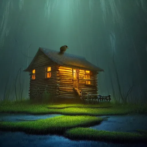 Image similar to A painting of a luminous old cabin in the swamp lands, a freindly bigfoot with a fish, by Gediminas Pranckevicius, cinematic lighting