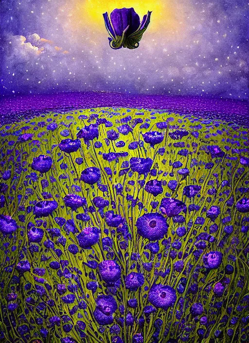 Image similar to detailed, intricate blue black and purple papaverum flower on the field, nebula, galaxy in the sky, winning award masterpiece, fantastically beautiful, illustration, aestheticly inspired, jacek yerka, upscale with anguissola sofonisba work, artstation, 8 k