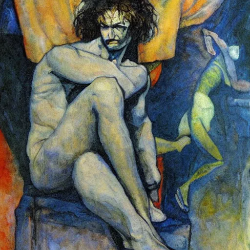 Prompt: comics sandman by Neil Gaiman, Vrubel The Demon Seated, by Mikhail Vrubel, oil painting, art gallery, art museum, small details, whole-length