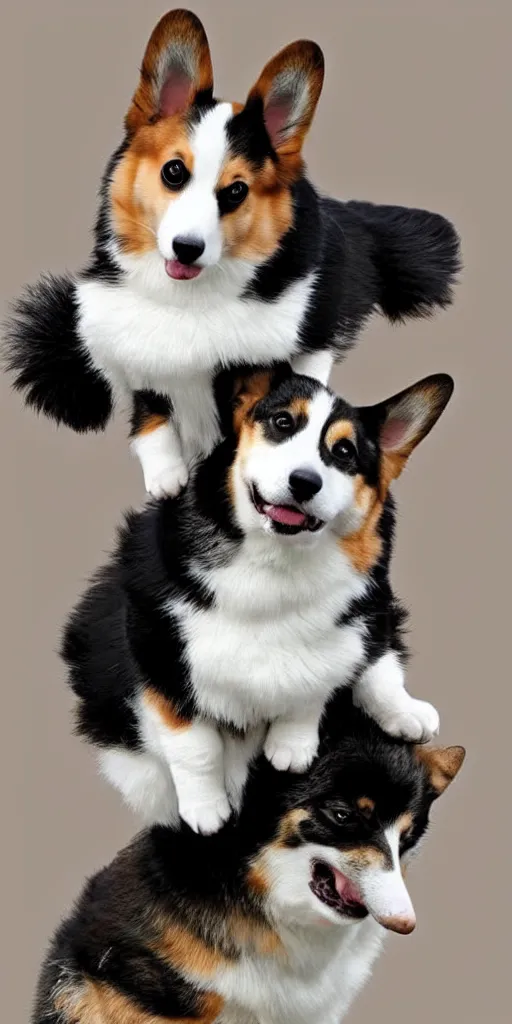 Image similar to cute corgi and a cute fluffy tuxedo cat riding on the top of him, realistic photo