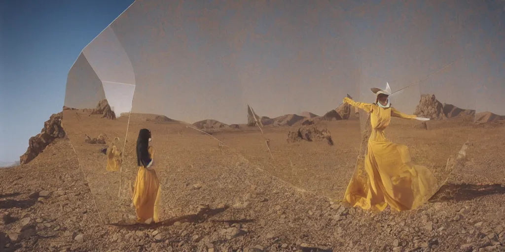 Prompt: levitating woman with full - face golden mask in a dry rocky desert landscape, visible sky and sunny atmosphere, fata morgana and giant square fractal mirrors by alejandro jodorowsky, anamorphic lens, kodakchrome, practical effects, award winning photo, masterpiece, 8 k