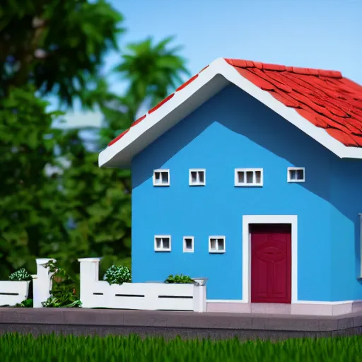 Image similar to cute chubby house, 3 d render, minimalistic, octane, 1 0 0 mm, depth of field, isometric, blue background