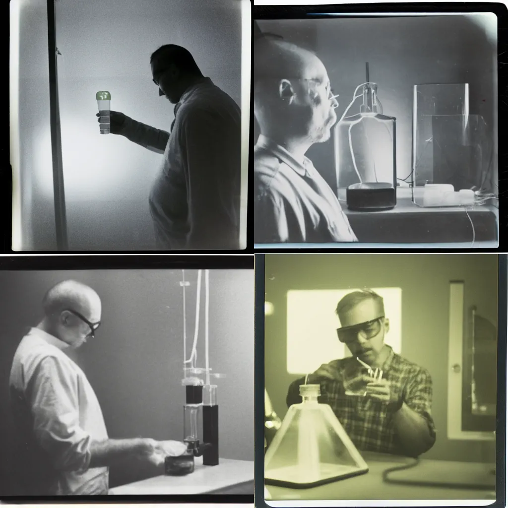 Prompt: A man analyzing a glass filled with slime in a laboratory, studio light, polaroide photo