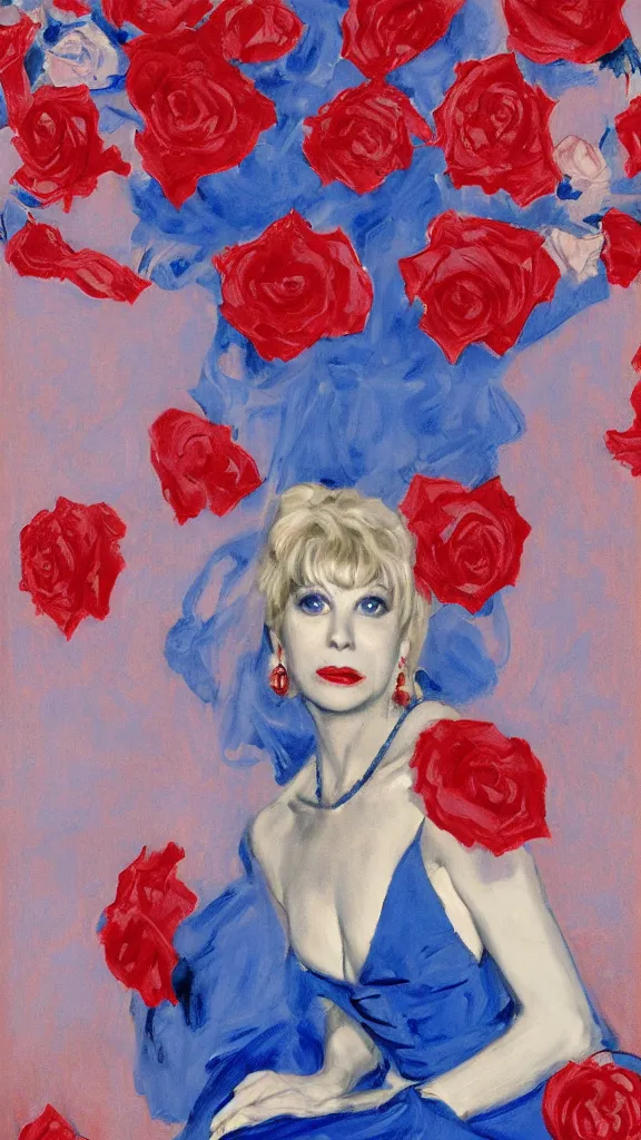 Image similar to portrait of julee cruise in lynch pattern, big persian detailed pot of red roses, blue and red lights painted by john singer sargent