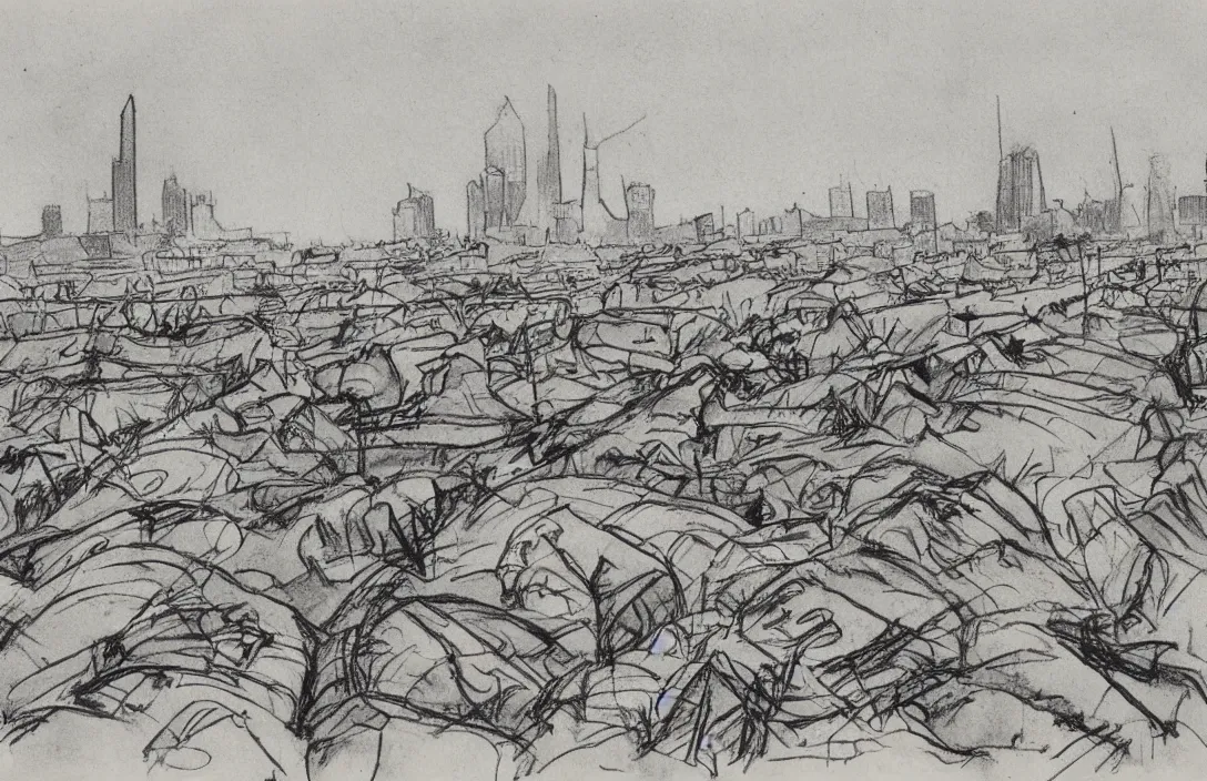 Image similar to milt kahl sketch of world war 1 trenches with the city of miami in the background