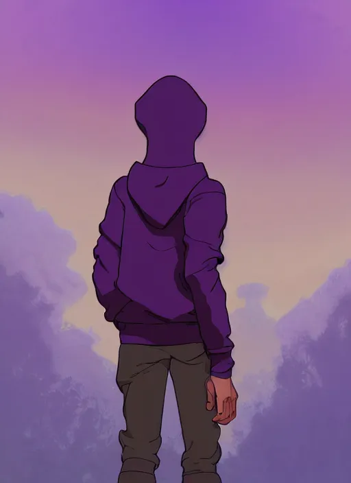 Image similar to young man in a purple hoodie, back view, messy short brown hair, colourful, natural lighting, path traced, highly detailed, high quality, cartoon, digital painting, by don bluth and ross tran and studio ghibli and alphonse mucha