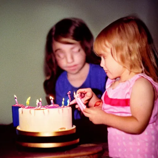 Image similar to birthday part for a young girl in 1976, she is blowing out the candles on a birthday cake. ektachrome photograph, volumetric lighting, f8 aperture, cinematic Eastman 5384 film