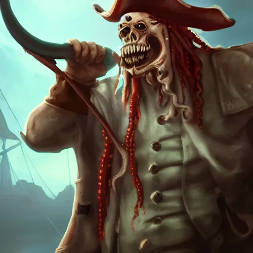 Prompt: a pirate captain with squid tentacle arms, beautiful and creepy digital painting, trending on artstation, detailed masterpiece, realistic rendering, 4k wallpaper