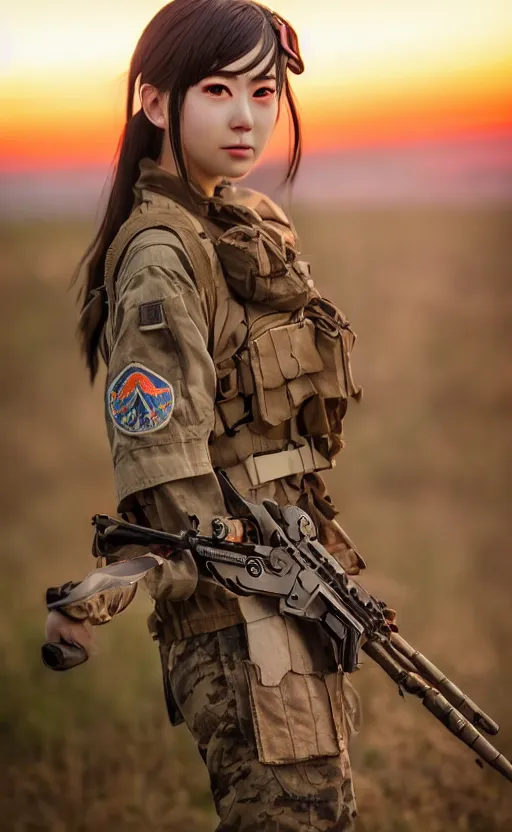 Image similar to highly detailed, high resolution, cosplay photo, stunning, real world, real sunset, in the middle of the battlefield, girls frontline style, bokeh soft, 100mm, trending on facebook, by professional photographer, realistic anatomy, realistic military carrier, soldier clothing, modern warfare, realistic rifle