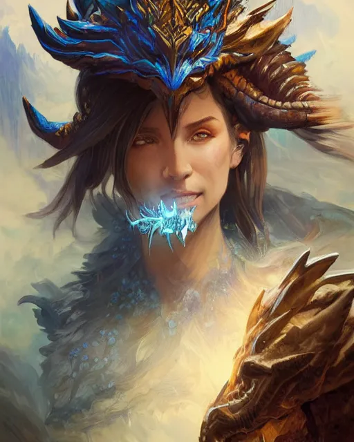 Image similar to Portrait of a Fantasy azure dragon hunter, HD, illustration, epic, D&D, fantasy, intricate, elegant, highly detailed, digital painting, artstation, concept art, smooth, sharp focus, illustration, art by artgerm and greg rutkowski and alphonse mucha, monster hunter illustrations art book