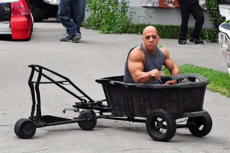 Image similar to Vin Diesel driving a wheelbarrow