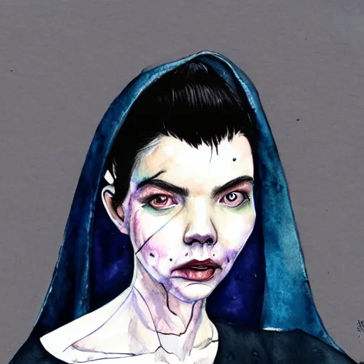 Prompt: full body detailed watercolor illustration of alien anya taylor - joy mixed with jennifer connelly, unsettling, hooded long black feathered cloak, uncanny valley, with black feathers instead of hair, gothic, guillermo del toro, gray mottled skin, pale and sickly, profile view, - - ar 9 : 1 6