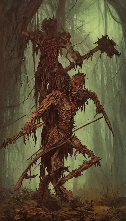 Image similar to painting of undead wight warrior, anatomically correct, forest and cabin, muted colors, night scene, by brom