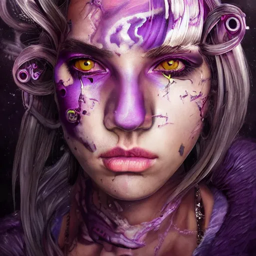 Image similar to art portrait of a furious girl with purple tentacles on her head, and purple eyes, 8k,by tristan eaton, Stanley Artgermm,Tom Bagshaw,Greg Rutkowski,Carne Griffiths,trending on DeviantArt, face enhance,hyper detailed ,full of colour,