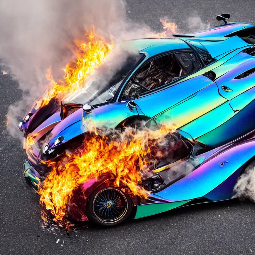 Prompt: close - up of an iridescent rainbow pagani huayra on fire after a big crash, 4 k, highly detailed, award winning, look at all that detail!