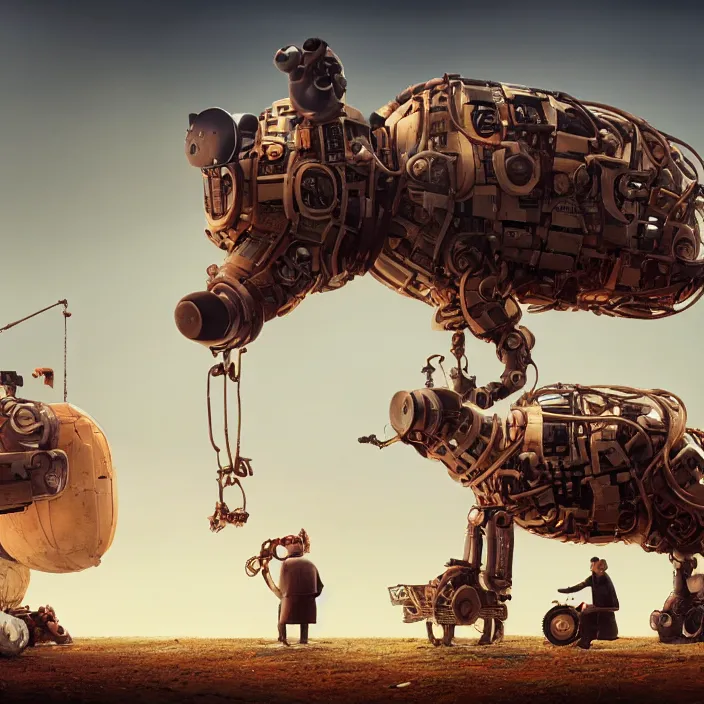 Image similar to crew of robot workers building giant pig, octane render, 4 k ultra hd, hyper - detailed, realistic, seedy lighting, sharp focus, in style of beeple gediminas pranckevicius