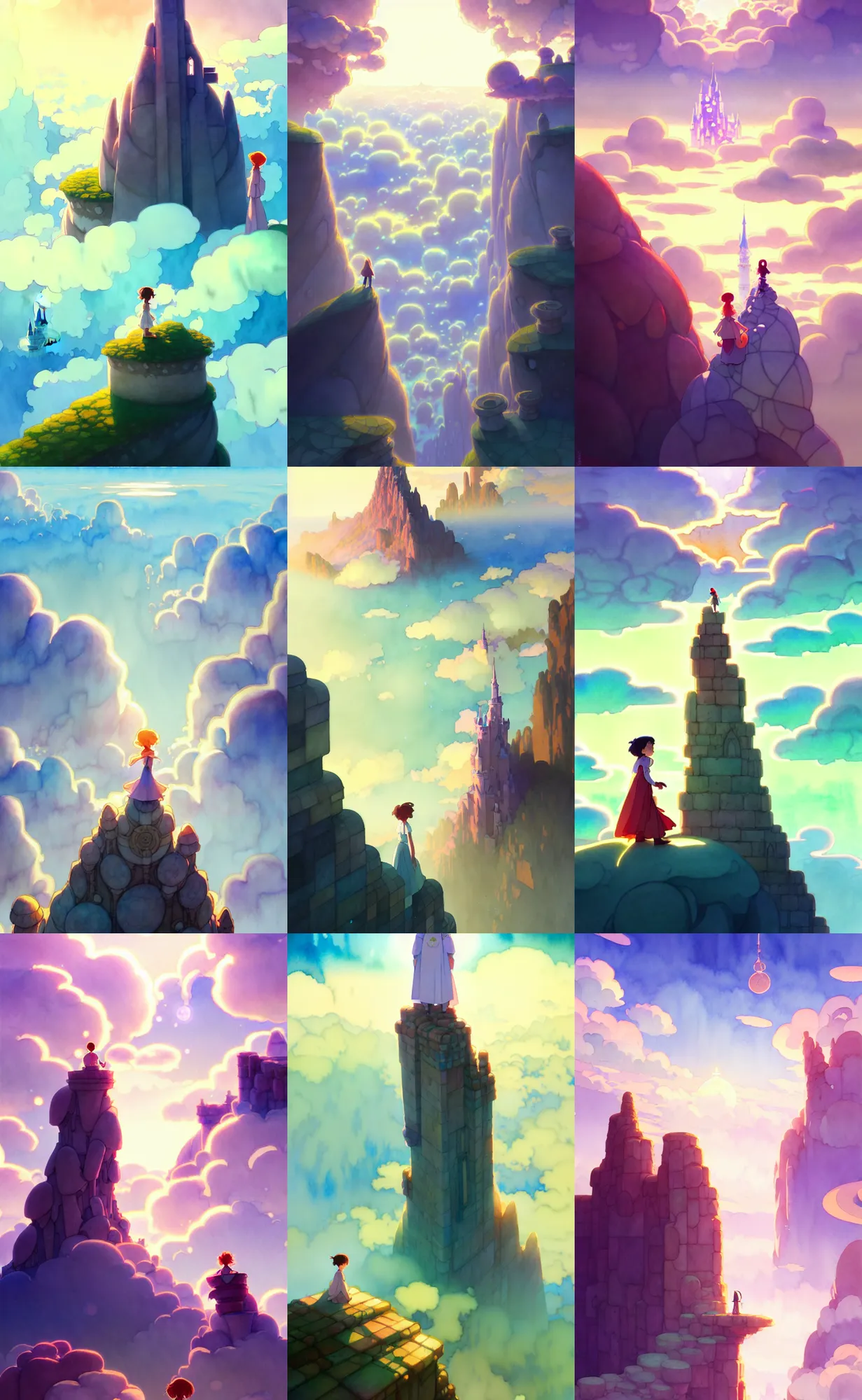 Prompt: a wholesome animation key shot, thin wizard towers of ancient masonry rise above clouds, studio ghibli, pixar and disney animation, sharp, disney concept art watercolor illustration by mandy jurgens and alphonse mucha and alena aenami, pastel color palette, bloom, dramatic lighting