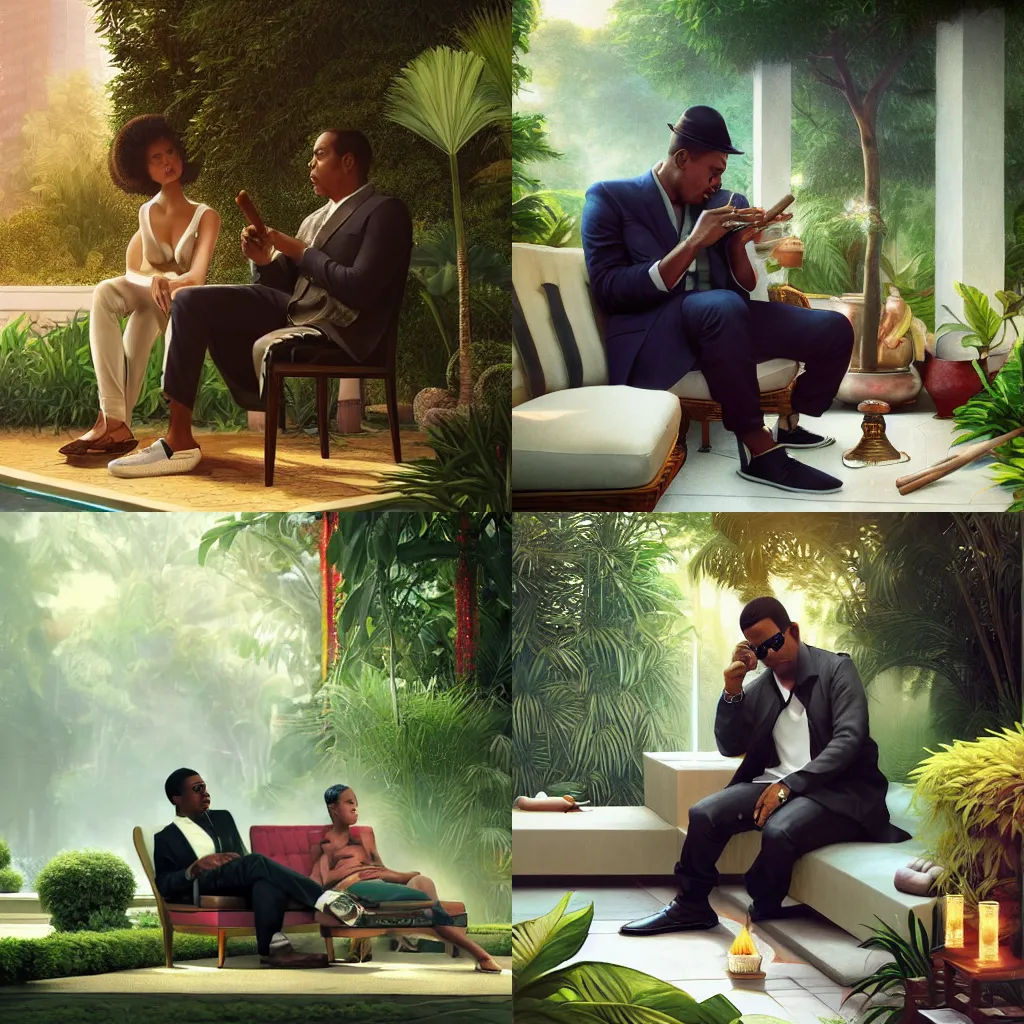 Prompt: Nasir bin Olu Dara Jones sitting next to JayZ in a lush singaporean garden smoking a cigar, cigar smoke, luxurious, octane render, smooth, sharp focus, illustration, by WLOP and Mandy Jurgens and William-Adolphe Bouguereau